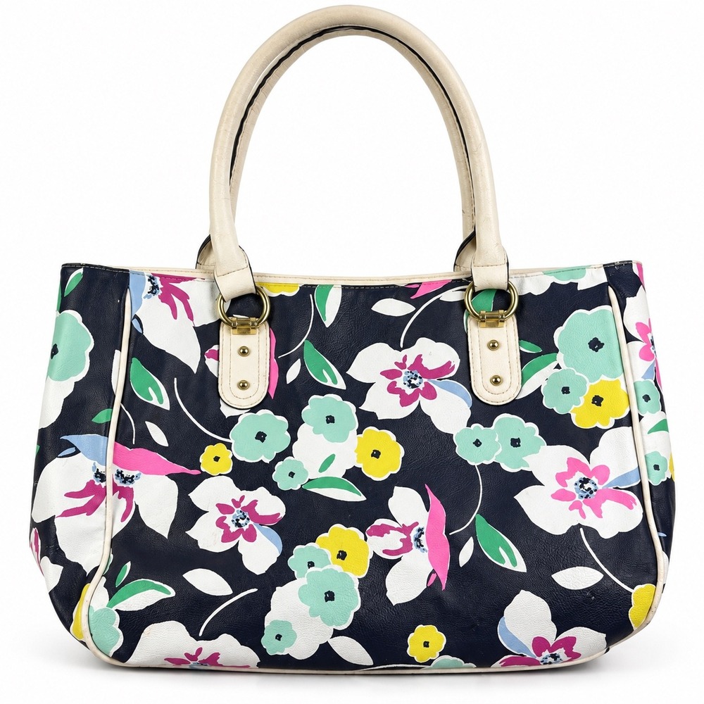 Merona Vintage Y2K Navy Blue Multi Color Floral Print Tote Shoulder Bag Purse